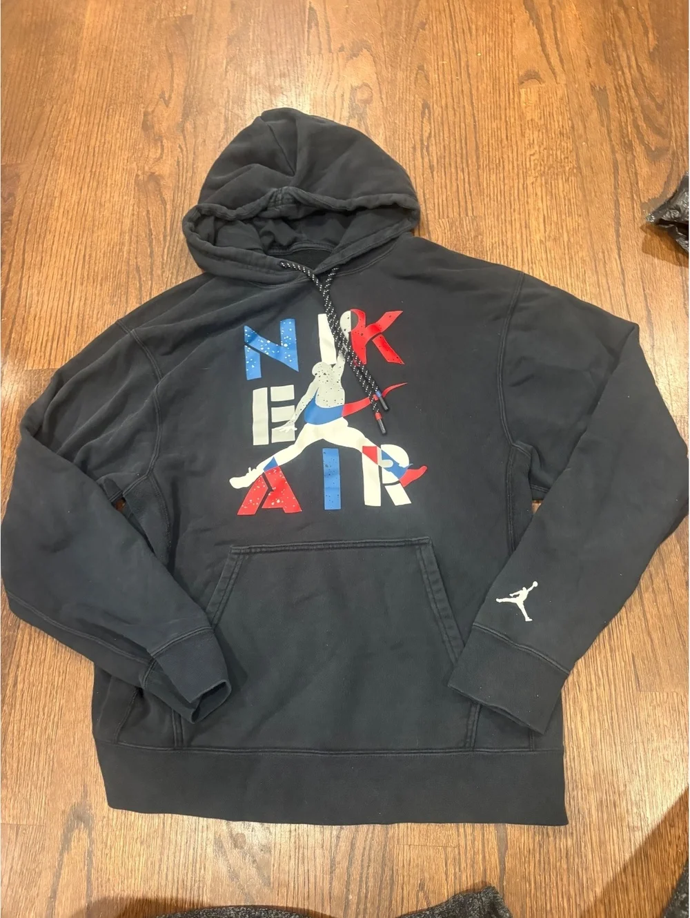 Nike air Jordan Black Hoodie with Red, White, and Blue Nike Air Logo - Medium